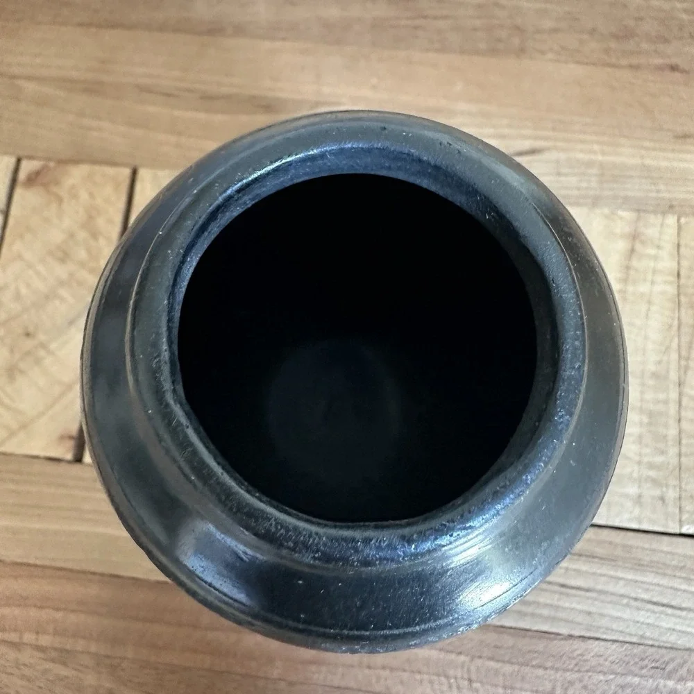 Vintage Artisan Signed Marginea Pottery Vase 3.5 Inch Black Carved Floral Leaves